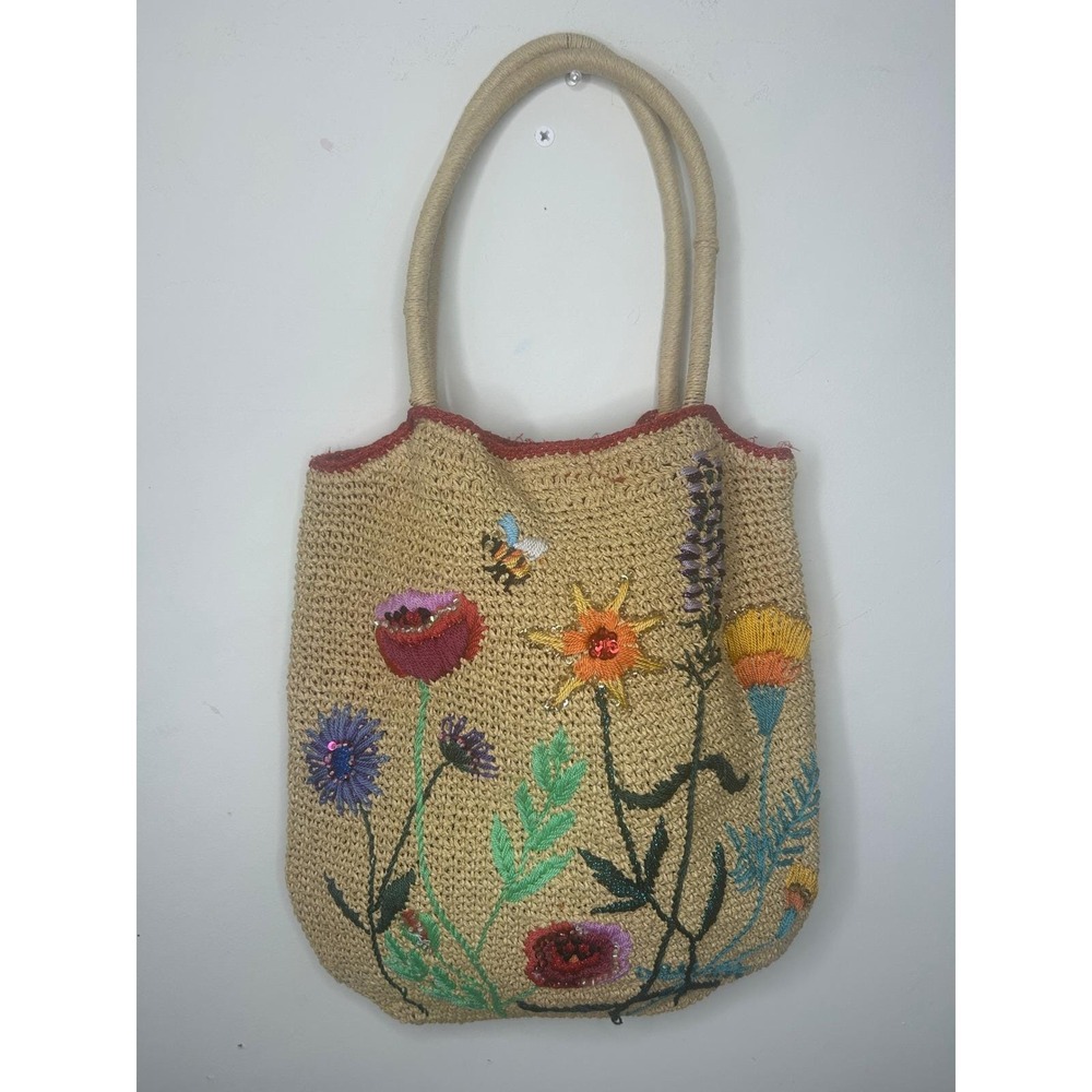 Petro Zillia Vintage Floral Embroidered Straw beaded Tote Bag Womens - Picture 14 of 14